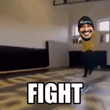 a man in a blizzard hat is jumping in the air with the word fight below him