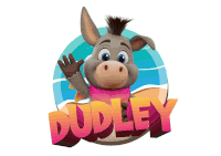 a cartoon donkey wearing a pink scarf and the word dudley behind it