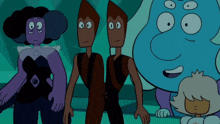 a group of cartoon characters are standing next to each other and one of them has a purple head