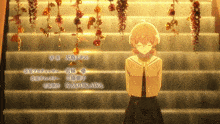 a girl is standing on a set of stairs with flowers hanging from them