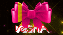 a pink bow with the name vesna written in red