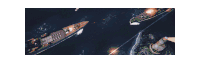 two ships are fighting in the ocean with a lighthouse in the distance