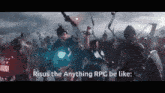 a group of people holding swords and shields with the words " risus the anything rpg be like " at the bottom