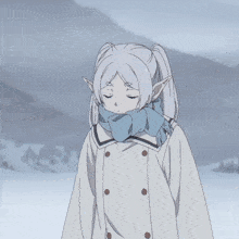 a girl with white hair and ears is wearing a white coat and a blue scarf around her neck