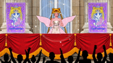 a group of people are standing in front of a sailor moon poster