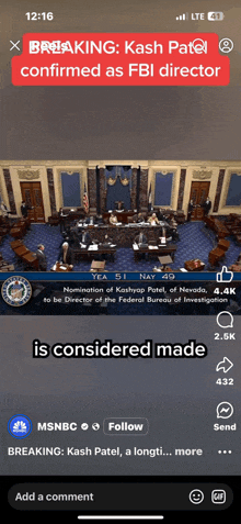 a screenshot of a breaking kash patel confirmed as fbi director on a phone