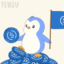 a penguin is holding a coin with a dollar sign and a flag