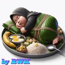 a baby wrapped in banana leaves is sleeping on a plate of food by rwk