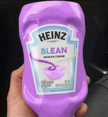 a hand holding a bottle of heinz blean bleach and codine