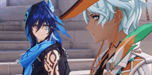 a couple of anime characters are standing next to each other .
