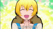 a girl with yellow hair says oi gente