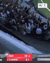 a crowd of people are watching a cricket game between raza and s curran