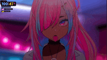 a girl with pink and blue hair stands in front of a clock that shows the time of 00:47
