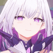 a close up of a anime girl with purple eyes