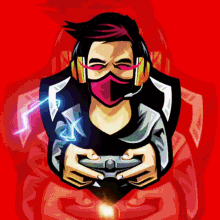 a cartoon of a man wearing headphones and a mask holding a video game controller