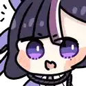 a close up of a cartoon character with purple eyes and a bow .
