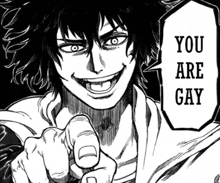 a black and white drawing of a man with a speech bubble that says you are gay .