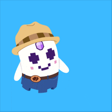 a cartoon character is wearing a hat and giving a peace sign