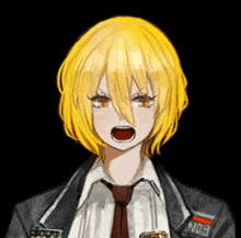 a drawing of a girl with yellow hair and a badge that says eon