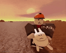 a roblox character carrying a stuffed rabbit with a face on it