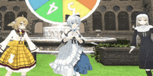 a girl in a white dress stands in front of a colorful circle with the number 4 on it