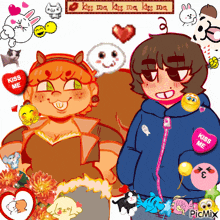 a cartoon drawing of a boy and a girl with a kiss me button