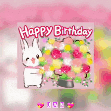 a happy birthday card with a bunny holding a bunch of flowers