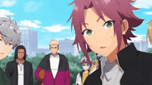 a group of anime characters including a boy with purple hair and green eyes