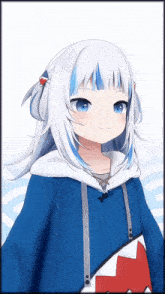 a girl with white hair and blue eyes is wearing a blue and white shark hoodie