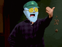 a cartoon of a man wearing a green hat with a marijuana leaf on it and gold glasses with the letter b on them