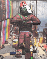 a man wearing a christmas sweater and a santa hat holds a gun