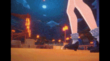 a close up of a person 's legs in a video game with a city in the background .