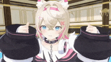 a 3d anime girl is giving a thumbs up while wearing headphones and a choker