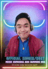 a man wearing headphones and a red jacket is an official singer / host