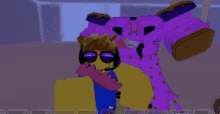 a cartoon character wearing sunglasses and a headset is hugging another cartoon character in a purple suit