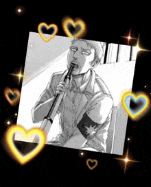 a black and white photo of a man playing a flute with hearts around him
