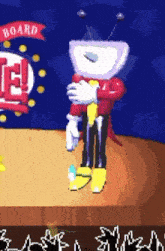 a cartoon character stands on a stage with a sign that says board in the background