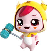 a cartoon character holding a blue hammer