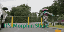 a cartoon character says it 's morphin slime on a street
