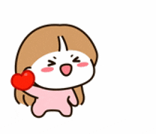 a cartoon girl is holding a red heart in her hand and a red heart is flying in the air .