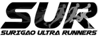 a black and white logo for surigao ultra runners with runners in the letters .