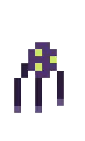 a pixel art illustration of a purple spider with yellow eyes .