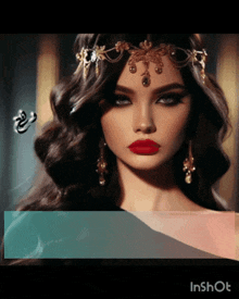 a woman with red lipstick and a crown on her head is shown