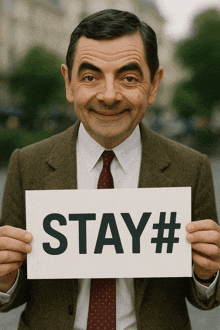 a man holding a sign that says stay #