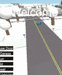 a blue car is driving down a road in a video game with the words welcome in the background