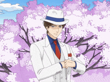 a drawing of a man in a white suit and hat