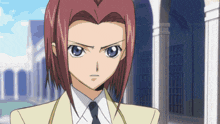 a girl with red hair and blue eyes is standing in front of a building