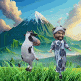 a man dressed as a cow is standing next to a cow in a field