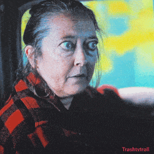 a woman in a red and black plaid shirt is sitting in a car with trashtvtroll written on the bottom