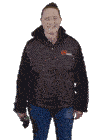 a woman wearing a jacket that says akob on the front